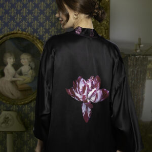 St Agnes Eve reversible Black Tulip kimono jacket, black silk satin, limited edition silk jacket with Tulip motif on reverse